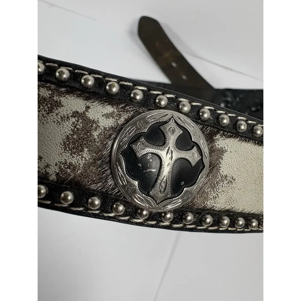 3D Hair On Hide Western Concho Belt 34 Hand Tooled Leather Cross USA